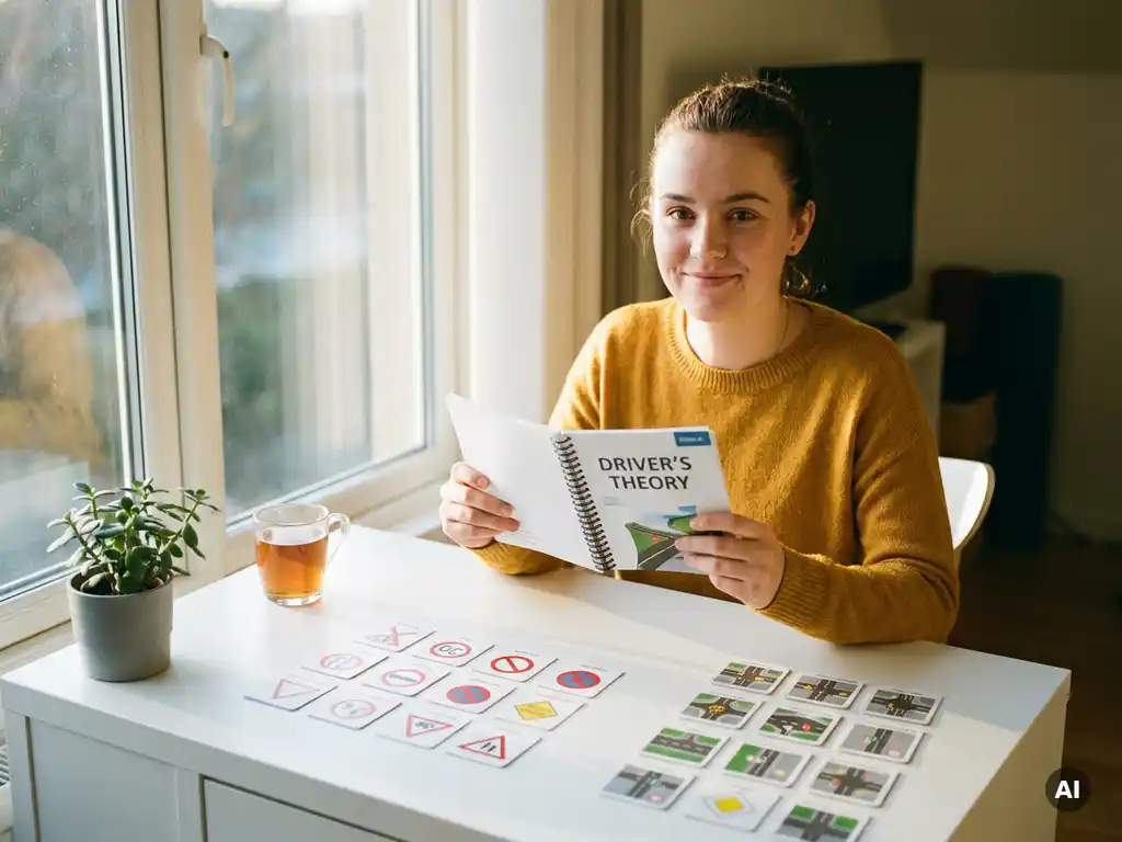 Junge Frau lernt für die Theorieprüfung mit Verkehrszeichen-Karten und Fahrschul-Lehrbuch am hellen Schreibtisch.
