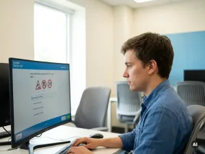 Junger Erwachsener konzentriert sich auf einen digitalen Führerschein-Theorietest an einem modernen Computer in hellem Prüfungsraum.