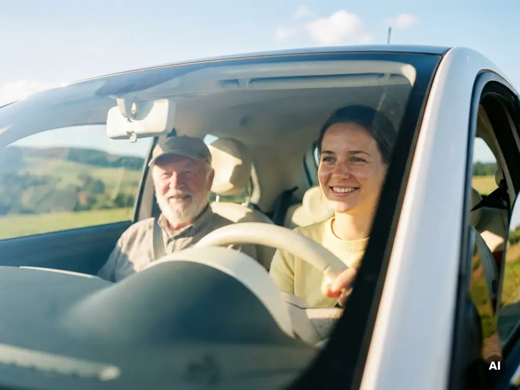 Junge Frau lächelt entspannt am Steuer eines modernen Autos neben einem geduldigen Fahrlehrer, grüne deutsche Landschaft im Hintergrund.