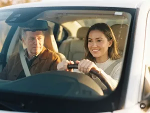 Junge Frau lächelt entspannt am Steuer eines modernen Autos, Fahrlehrer auf Beifahrersitz, goldenes Sonnenlicht durch Windschutzscheibe.