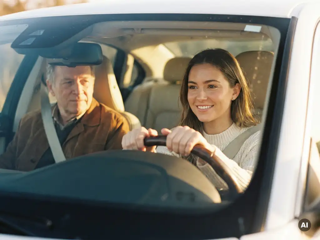 Junge Frau lächelt entspannt am Steuer eines modernen Autos, Fahrlehrer auf Beifahrersitz, goldenes Sonnenlicht durch Windschutzscheibe.