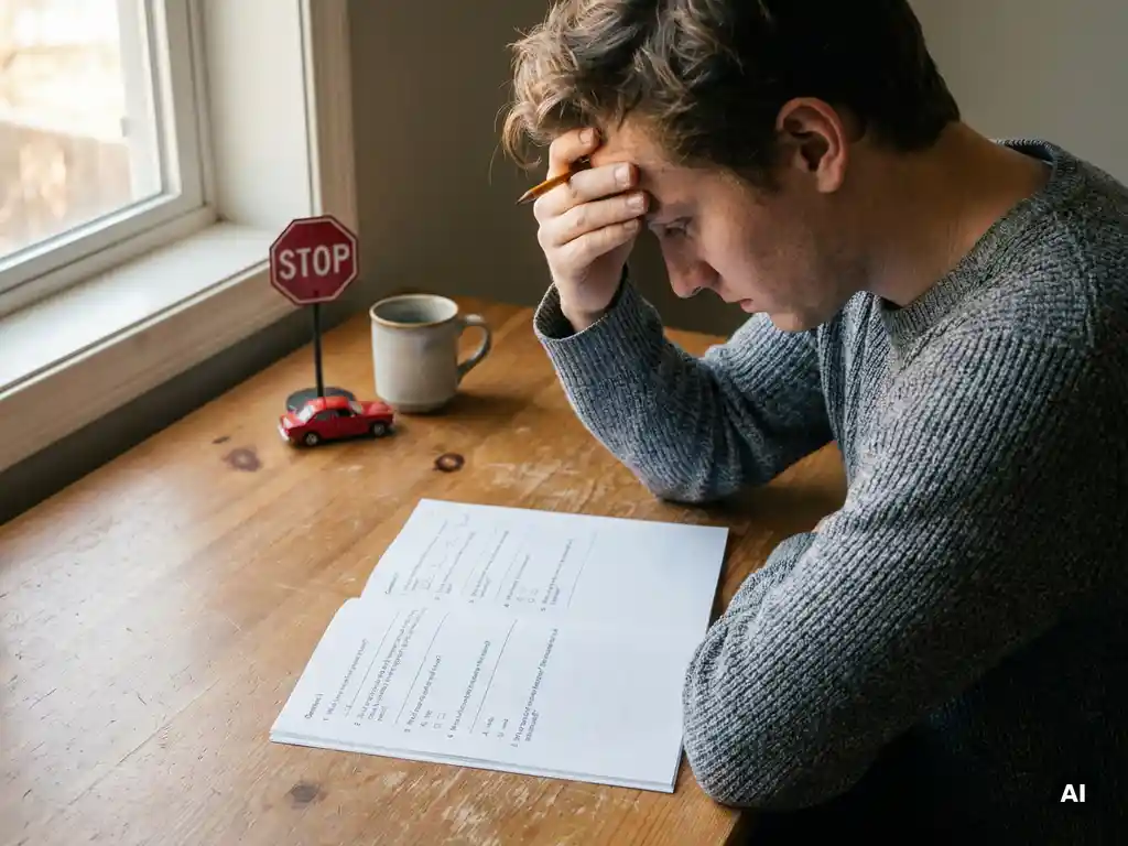 Gestresster junger Erwachsener über unbeantwortetes Theorie-Prüfungsheft, Bleistift in der Hand, Verkehrszeichen und Modellauto auf Holztisch.