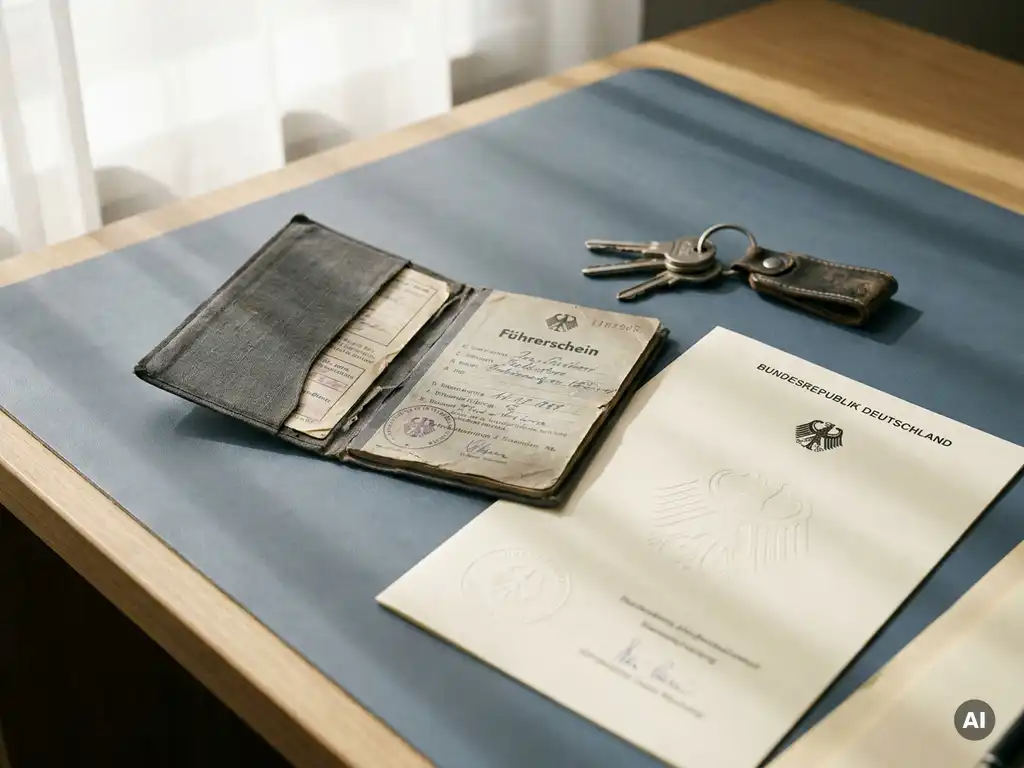 Veralteter deutscher Führerschein neben einem neuen offiziellen Dokument und Autoschlüsseln auf einem Schreibtisch.