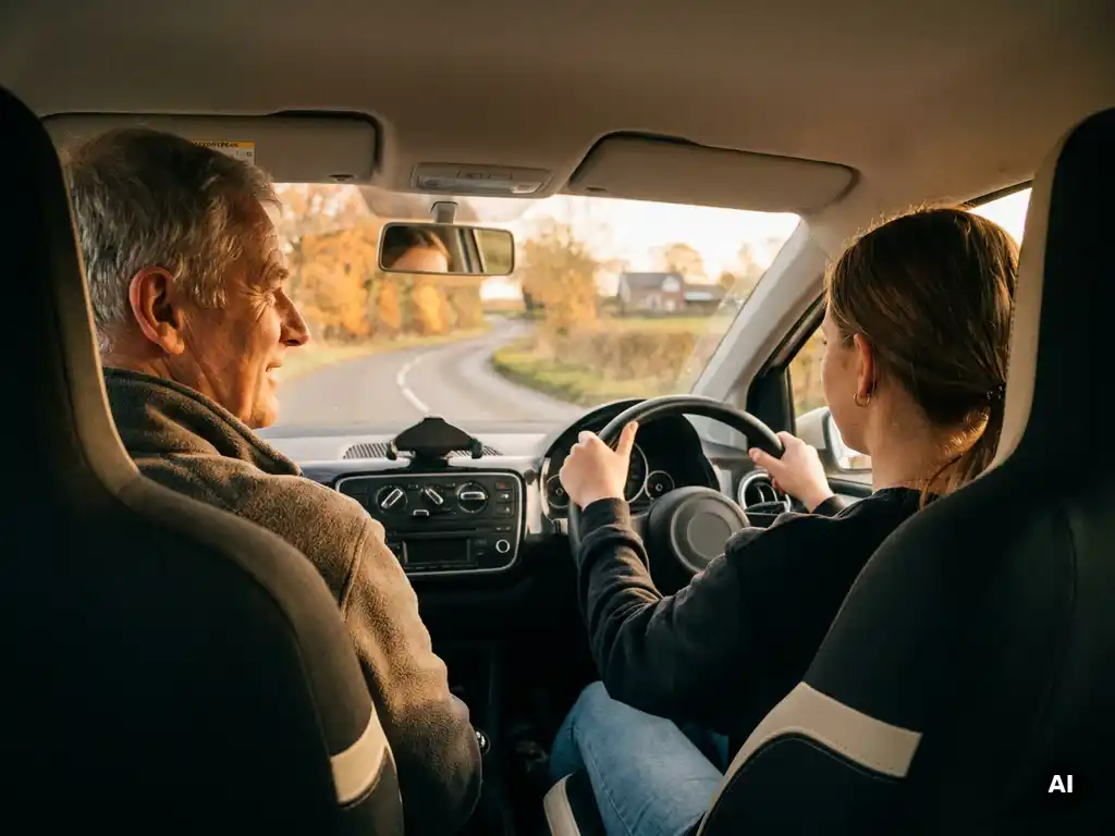 Junger Fahrschüler greift Lenkrad bei begleitetem Fahren auf deutscher Landstraße, erfahrener Begleiter auf Beifahrersitz, goldenes Herbstlicht.