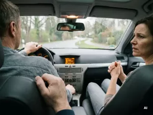 Nervöser Fahrschüler greift Türgriff im modernen Auto, angespannter Begleiter auf Beifahrersitz, Vorortstraße durch Windschutzscheibe sichtbar.