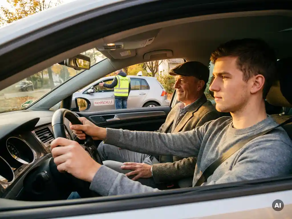 Junger Fahrer am Steuer mit erfahrenem Beifahrer auf herbstlicher Vorortstraße in Deutschland bei goldenem Abendlicht.