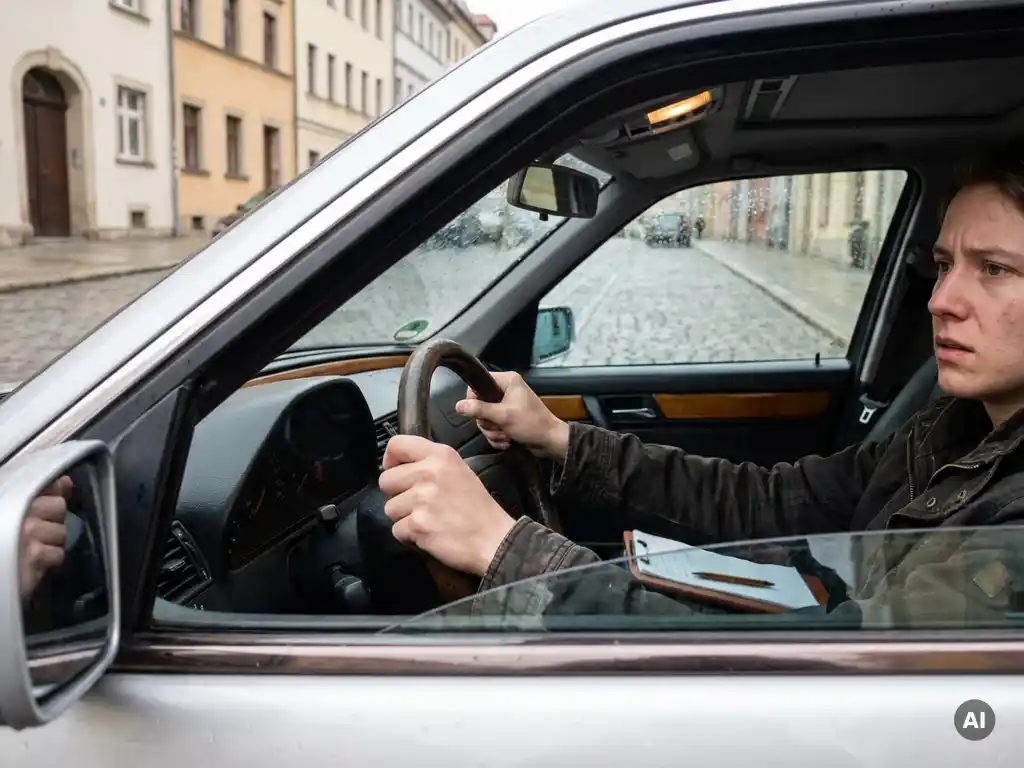 Junger Erwachsener mit angespannten Händen am Steuer vor der Fahrprüfung, Klemmbrett des Prüfers auf dem Beifahrersitz sichtbar.