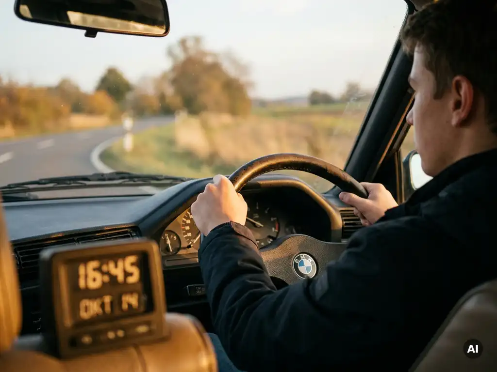 Junger Fahrschüler lenkt konzentriert ein Steuer auf einer deutschen Landstraße, warmes Nachmittagslicht durch die Windschutzscheibe.