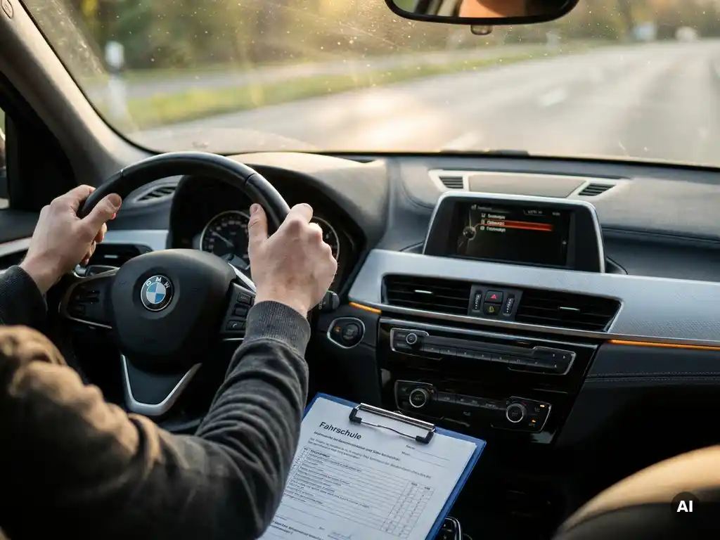 Schülerfahrer hält Lenkrad im modernen Auto, Klemmbrett des Fahrprüfers auf dem Armaturenbrett, weiches Nachmittagslicht.
