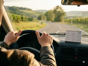 Junge Hände am Lenkrad auf sonniger deutscher Landstraße, Kalender mit zwei rot markierten Monaten auf dem Armaturenbrett.