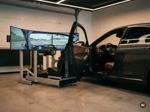 Fahrsimulator-Cockpit mit Lenkrad und Pedalen neben einem echten Auto in moderner Fahrschule, weiches Licht, Leder- und Chromdetails.