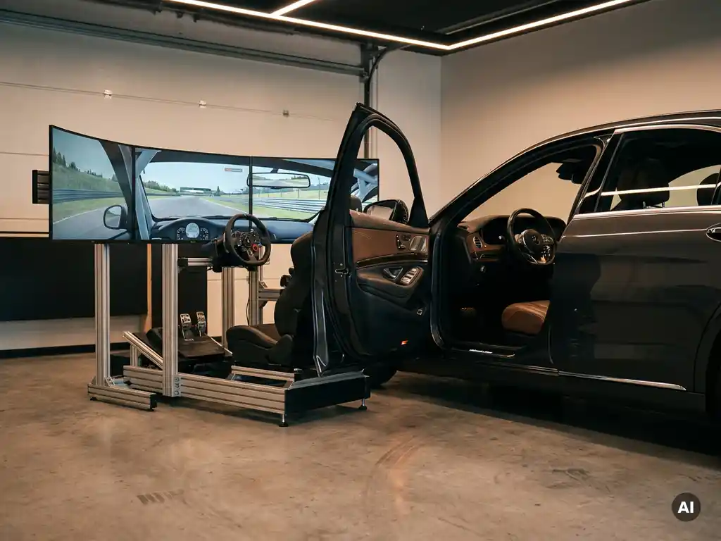 Fahrsimulator-Cockpit mit Lenkrad und Pedalen neben einem echten Auto in moderner Fahrschule, weiches Licht, Leder- und Chromdetails.