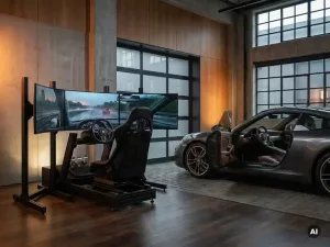 Professioneller Fahrsimulator mit Lenkrad, Pedalen und Dual-Monitoren zeigt Regenautobahn neben einem echten Auto in moderner Fahrschule.