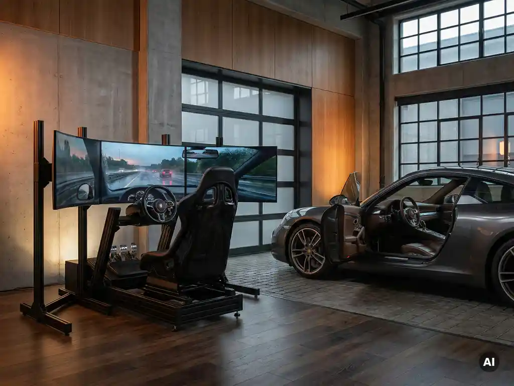 Professioneller Fahrsimulator mit Lenkrad, Pedalen und Dual-Monitoren zeigt Regenautobahn neben einem echten Auto in moderner Fahrschule.