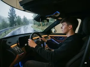 Student im Fahrsimulator-Cockpit lenkt Steuer auf verregneter deutscher Landstraße, die auf Curved-Display erscheint.