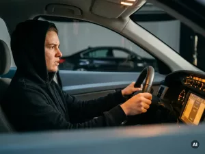Junger Erwachsener greift angespannt das Steuer in einem realistischen Fahrsimulator-Cockpit mit warmem Armaturenlicht.