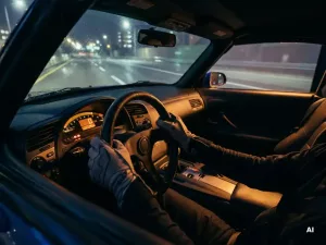 Hände am Lenkrad eines professionellen Fahrsimulators, beleuchtetes Armaturenbrett in Bernsteinlicht, regennasse Nachtstraße auf dem Bildschirm.