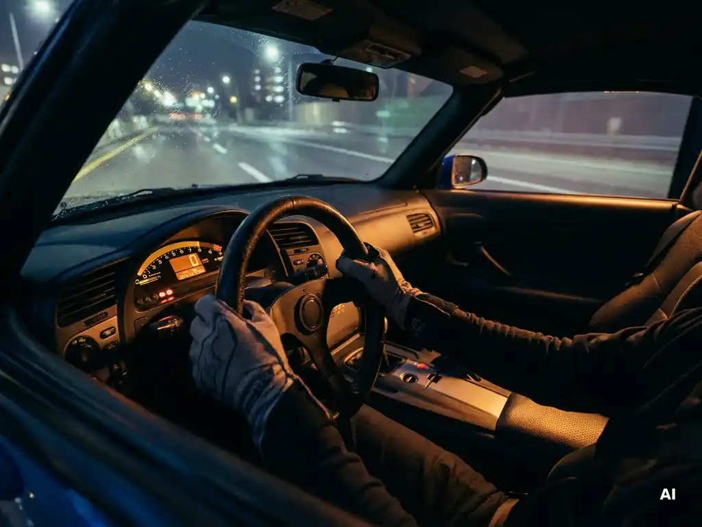 Hände am Lenkrad eines professionellen Fahrsimulators, beleuchtetes Armaturenbrett in Bernsteinlicht, regennasse Nachtstraße auf dem Bildschirm.