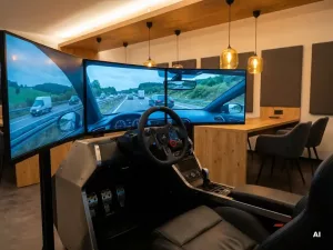 Fahrsimulator-Cockpit mit Lenkrad, Pedalen und Rundum-Bildschirmen, die eine realistische Autobahnszene zeigen, in einem modernen Fahrschulraum.
