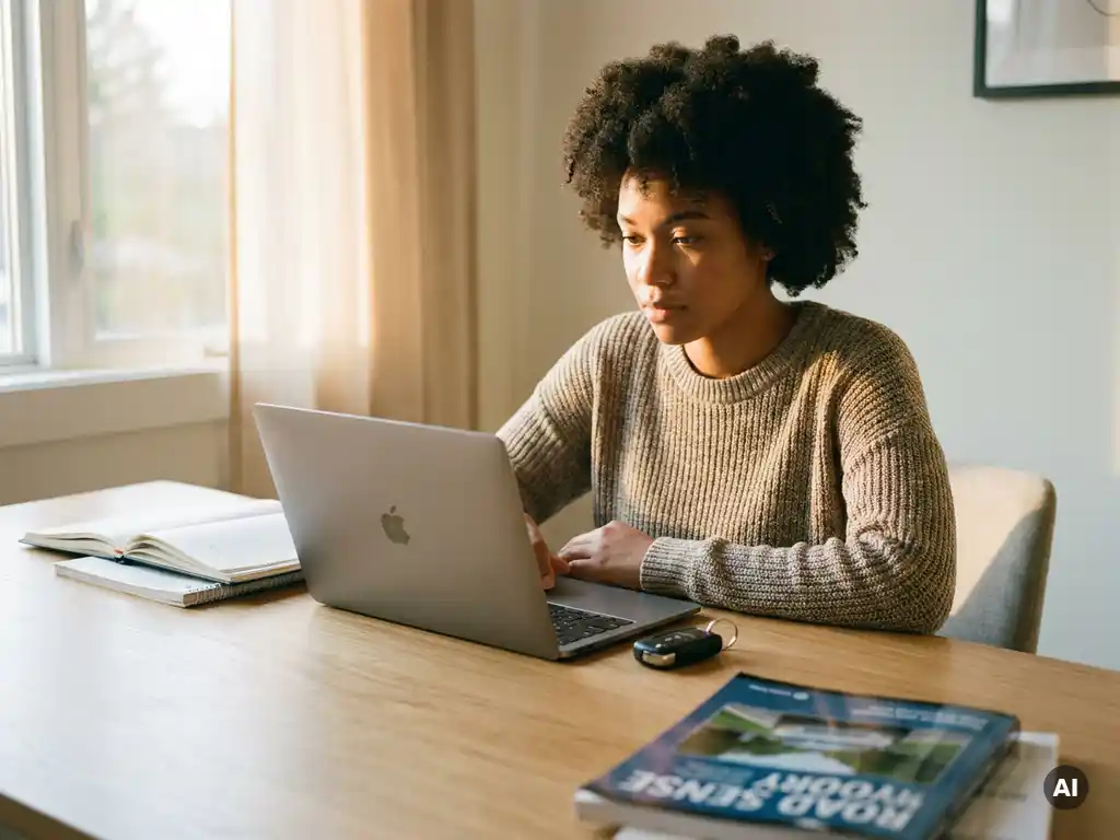 Student lernt Fahrtheorie am Laptop, Autoschlüssel und Theoriebuch auf Holzschreibtisch, warmes Nachmittagslicht.