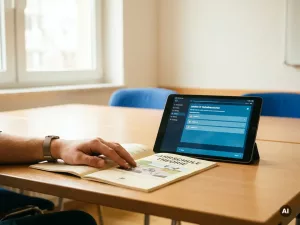 Schülerhand auf geöffnetem Fahrtheorie-Heft neben Tablet mit digitalem Lernprogramm auf hellem Holzschreibtisch.