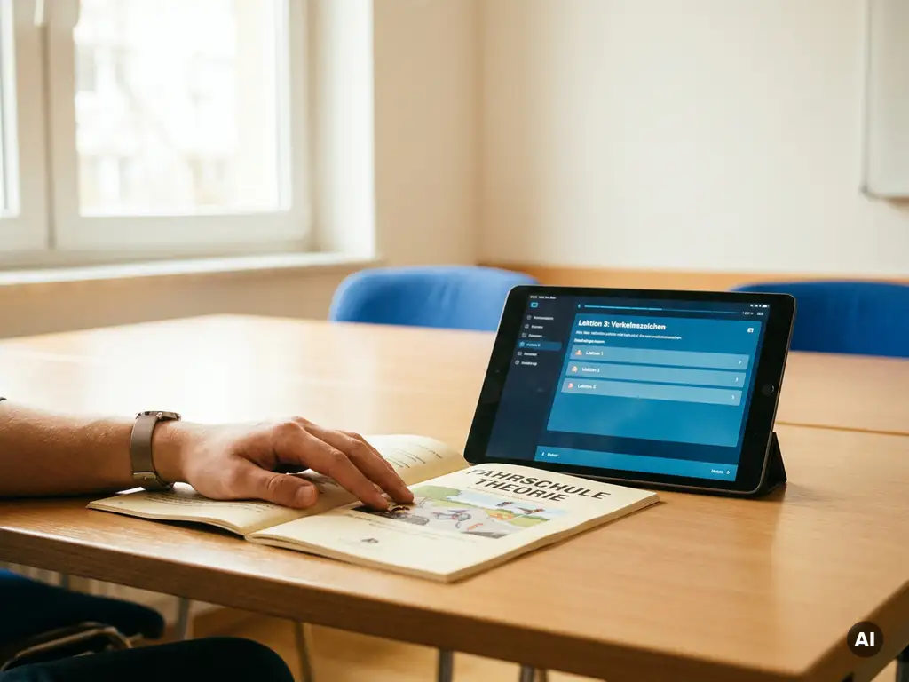 Schülerhand auf geöffnetem Fahrtheorie-Heft neben Tablet mit digitalem Lernprogramm auf hellem Holzschreibtisch.
