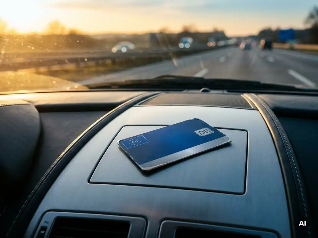 Europäischer Führerschein auf einem deutschen Autodashboard, Autobahn im Hintergrund, warmes Morgenlicht.