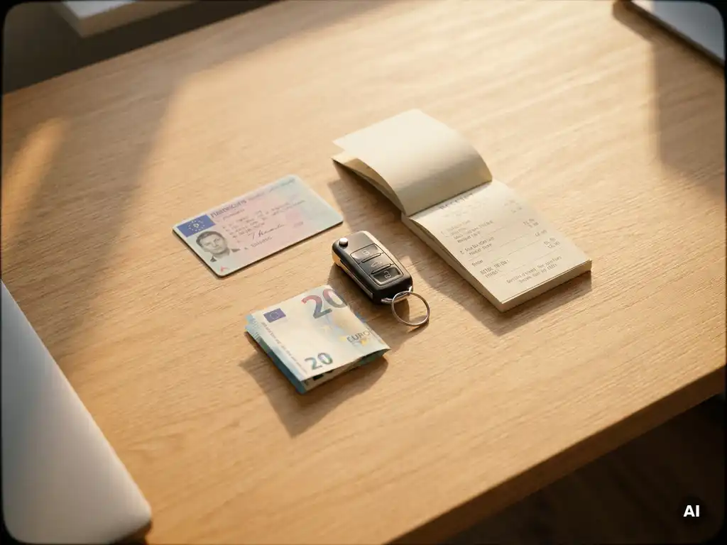 Führerschein, Autoschlüssel, gefalteter Euroschein und Quittungsheft auf hellem Eichenholz im Flat-Lay-Stil, warmes Abendlicht.