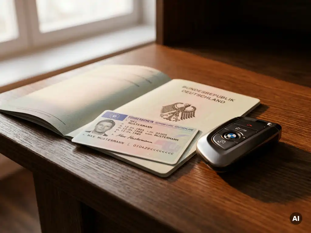 Deutscher Führerschein mit Autoschlüssel auf offiziellen Dokumenten, dunkler Eichentisch, warmes Fensterlicht.
