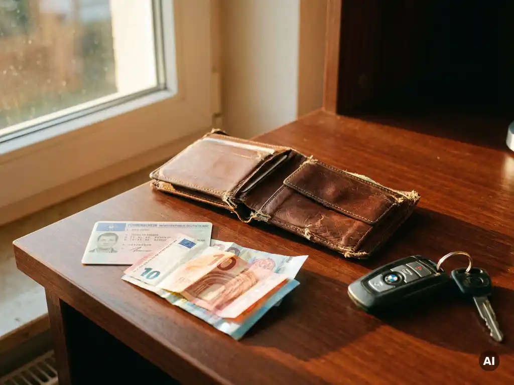 Geöffnetes Lederportemonnaie auf Holztisch mit deutschem Führerschein, Euroscheine und Autoschlüssel im warmen Licht.