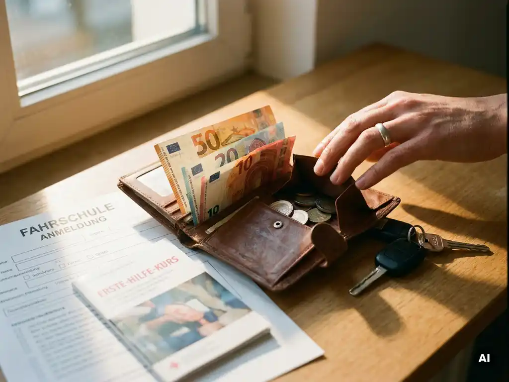 Geöffnete Geldbörse mit Euroscheinen und Münzen auf Holztisch, daneben Führerschein-Anmeldeformular, Erste-Hilfe-Heft und Autoschlüssel.