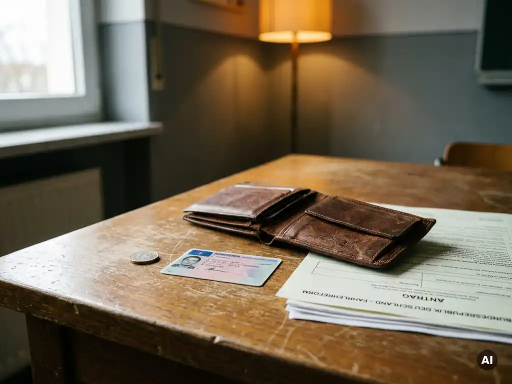 Abgenutztes Lederportemonnaie mit Euro-Münze und Führerschein auf einem Fahrschulschreibtisch, Reformdokumente darunter sichtbar.