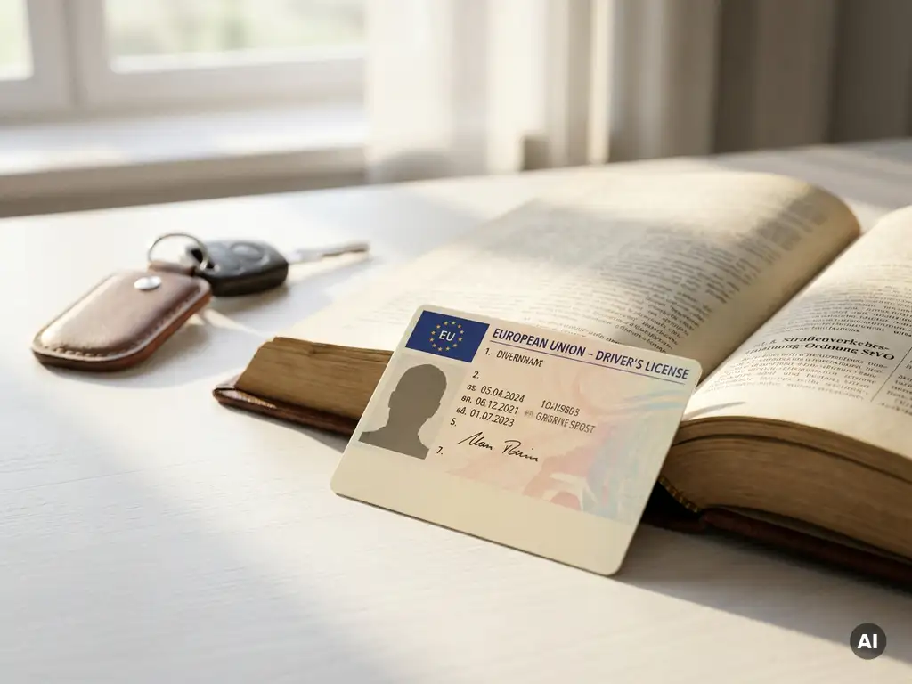 Frisch ausgestellter EU-Führerschein auf deutschem Straßenverkehrsrecht-Buch mit Autoschlüssel im warmen Morgenlicht.