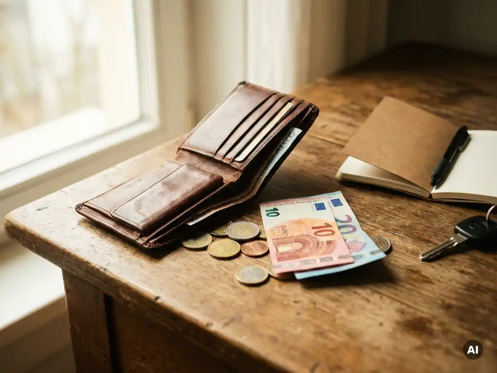 Geöffnetes Lederportemonnaie mit Euroscheinen und Münzen auf Holzschreibtisch, daneben Notizbuch, Stift und Autoschlüssel.