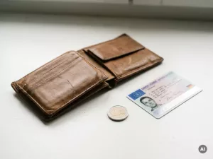 Geöffnetes Lederportemonnaie mit deutschem Führerschein und Euro-Münze auf weißem Schreibtisch im Nahaufnahme.
