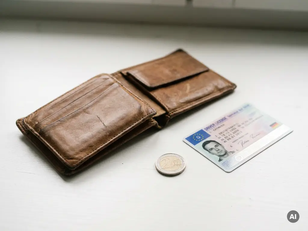 Geöffnetes Lederportemonnaie mit deutschem Führerschein und Euro-Münze auf weißem Schreibtisch im Nahaufnahme.