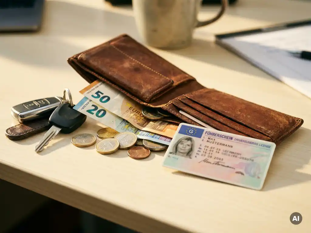 Geöffnetes Lederportemonnaie mit Euroscheinen, Münzen, Autoschlüssel und deutschem Führerschein auf weißem Schreibtisch.
