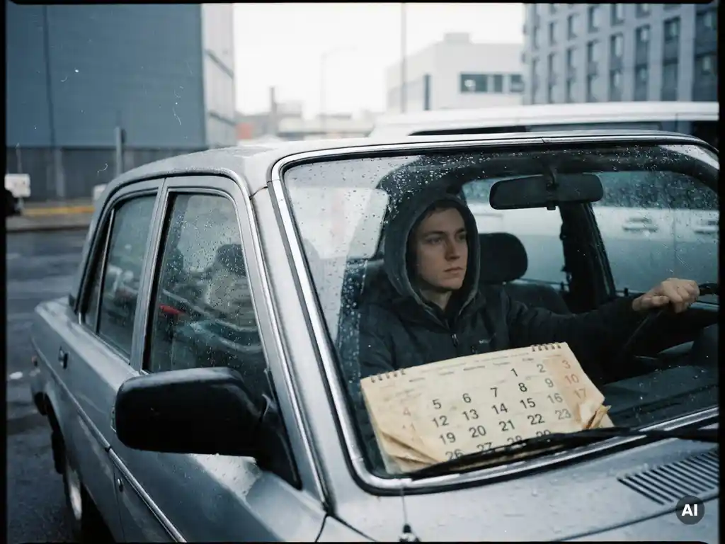 Junger Erwachsener sitzt reglos in geparktem Auto, Hände am Lenkrad, Blick durch verregnte Windschutzscheibe, Kalender auf dem Armaturenbrett.