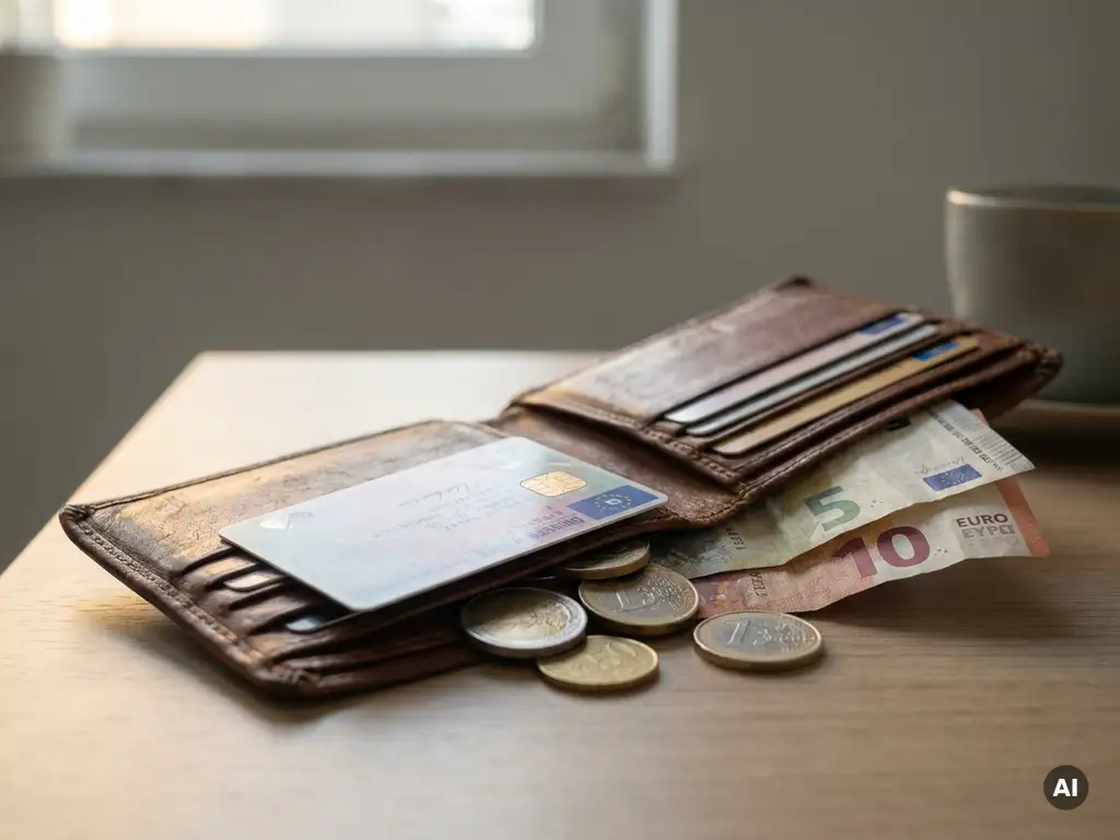 Geöffnetes Lederportemonnaie mit deutschem Führerschein, Euromünzen und Geldscheinen auf einem Schreibtisch im warmen Morgenlicht.