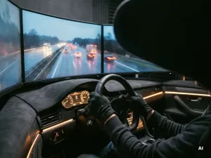 Hände am Lenkrad eines hochwertigen Fahrsimulators mit zwei Monitoren, die eine nasse Autobahn zeigen, warmes Ambiente-Licht im Cockpit.