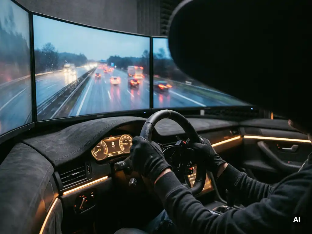 Hände am Lenkrad eines hochwertigen Fahrsimulators mit zwei Monitoren, die eine nasse Autobahn zeigen, warmes Ambiente-Licht im Cockpit.