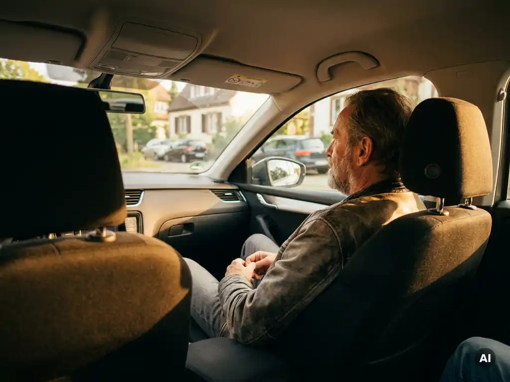 Erwachsene Beifahrerin sitzt ruhig im Vordersitz eines modernen Autos, goldenes Nachmittagslicht fällt durch die Windschutzscheibe.
